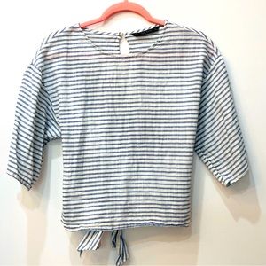 Zara blue white striped blouse top with tie size small